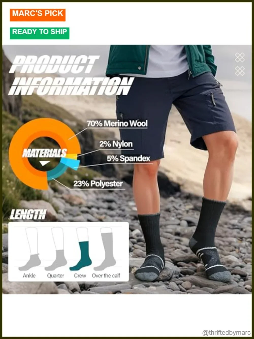 5 Pairs Merino Wool Hiking Socks Thermal Winter Warm Moisture Wicking Cushion